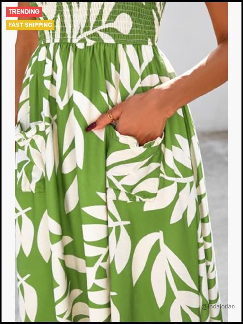 Women's Floral Print Smocked Maxi Dress with Pockets Adjustable Straps - Picture 6 of 7
